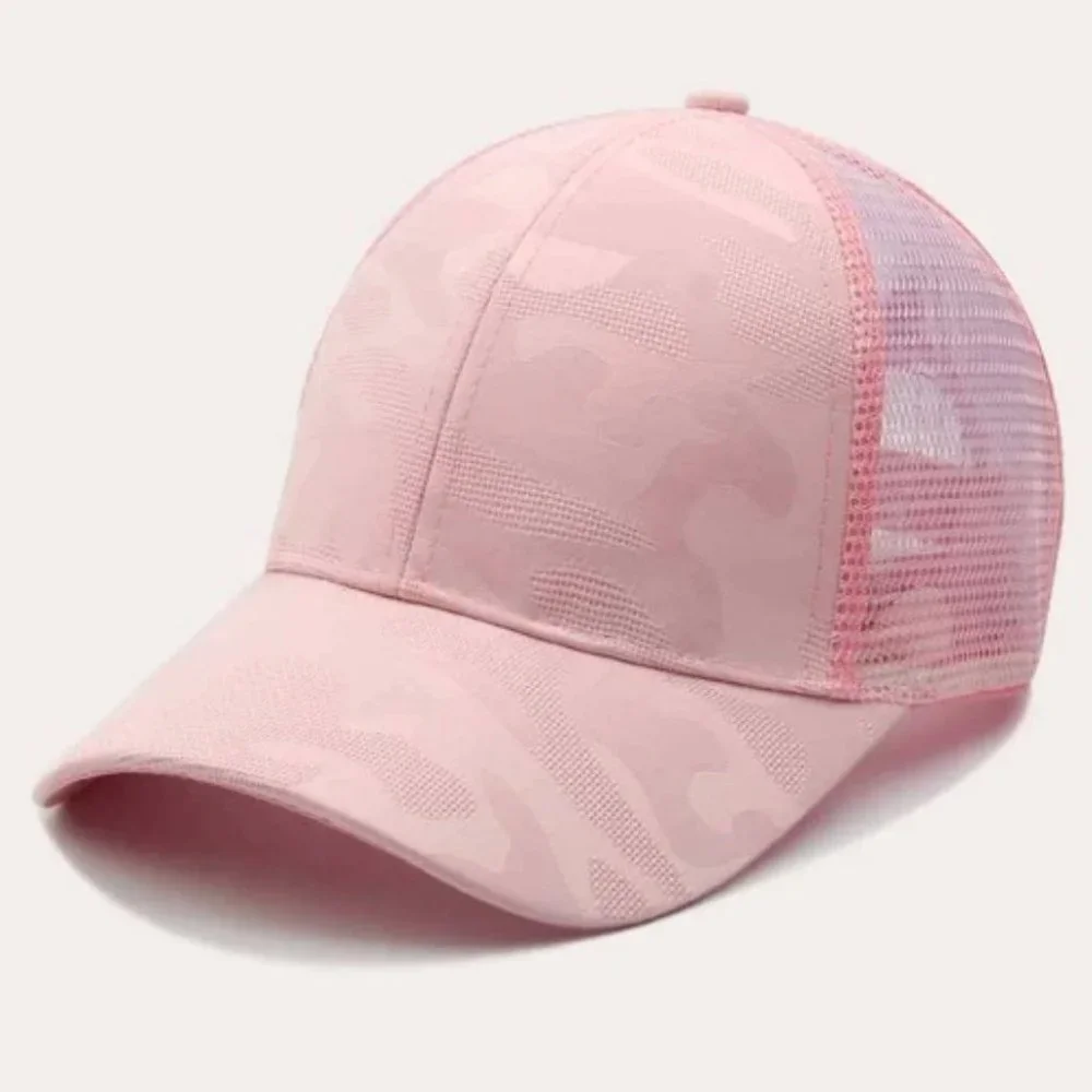 Pink Camo Print Messy hair/ponytail mesh black baseball cap - Picture 1 of 3